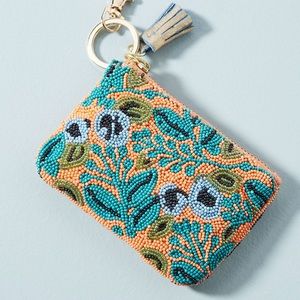 ANTHROPOLOGIE Beaded Motif Pouch - Coral & Blue Floral